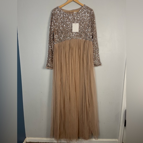 New Maya Maternity long sleeved maxi dress sequin tulle skirt taupe blush 12 - Picture 3 of 13